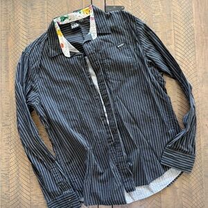 Volcom Black Pinstripe Long-Sleeve Button-Down Shirt with Floral Trim